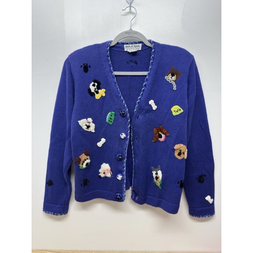 Vintage Jack B Quick Dog Appliquéd Cardigan Sweater Medium‎ Y2K Dog Lovers #32